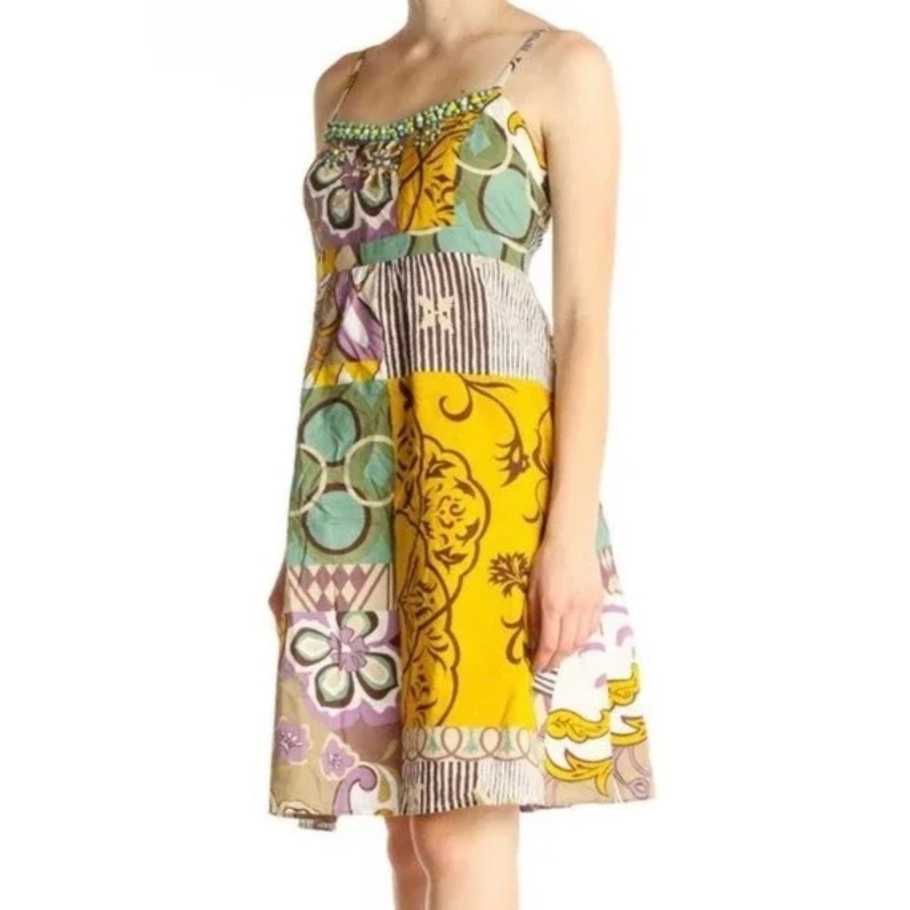 CAbi #107 Patchwork Print Dress Beaded Neckline Sleeveless Casual Colorful‎ Sz 8